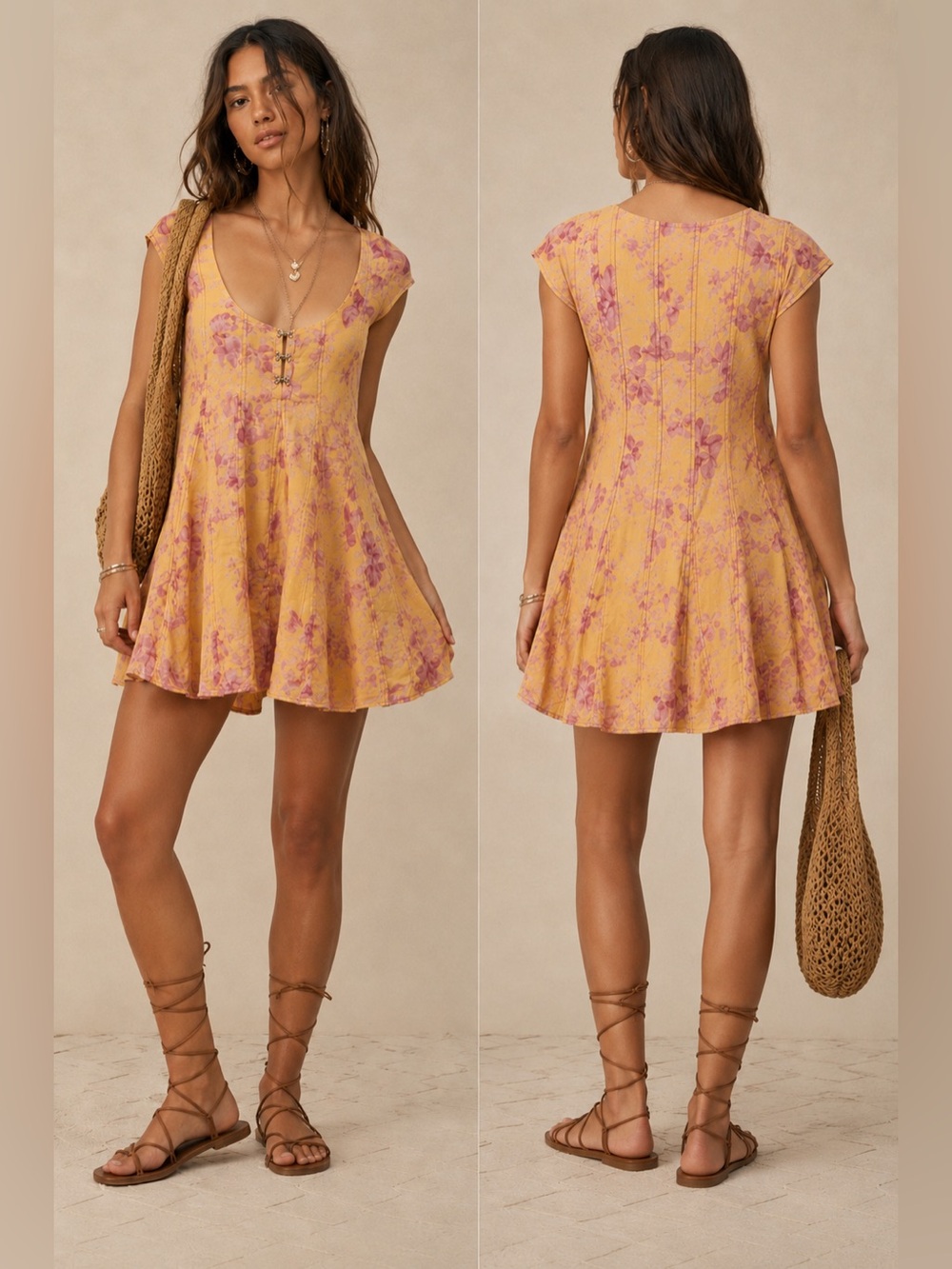New! Free People Sully Seamed Babydoll Mini Dress Sunshine Orange Pink Floral🧡 M